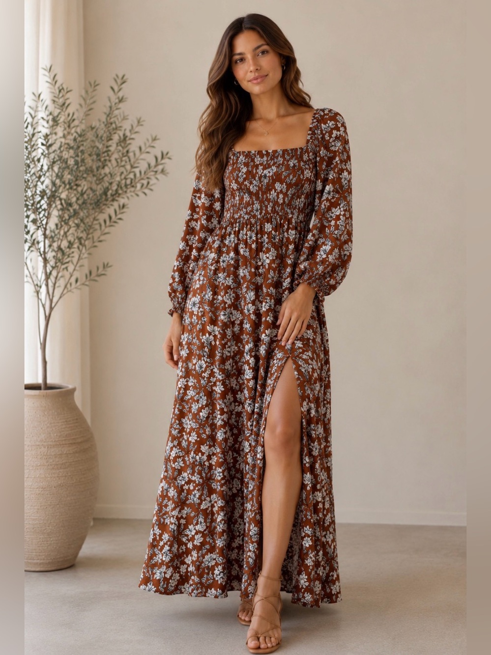 La Ligne X Target Women’s Brown Floral Smocked top Maxi Dress with Side Slit